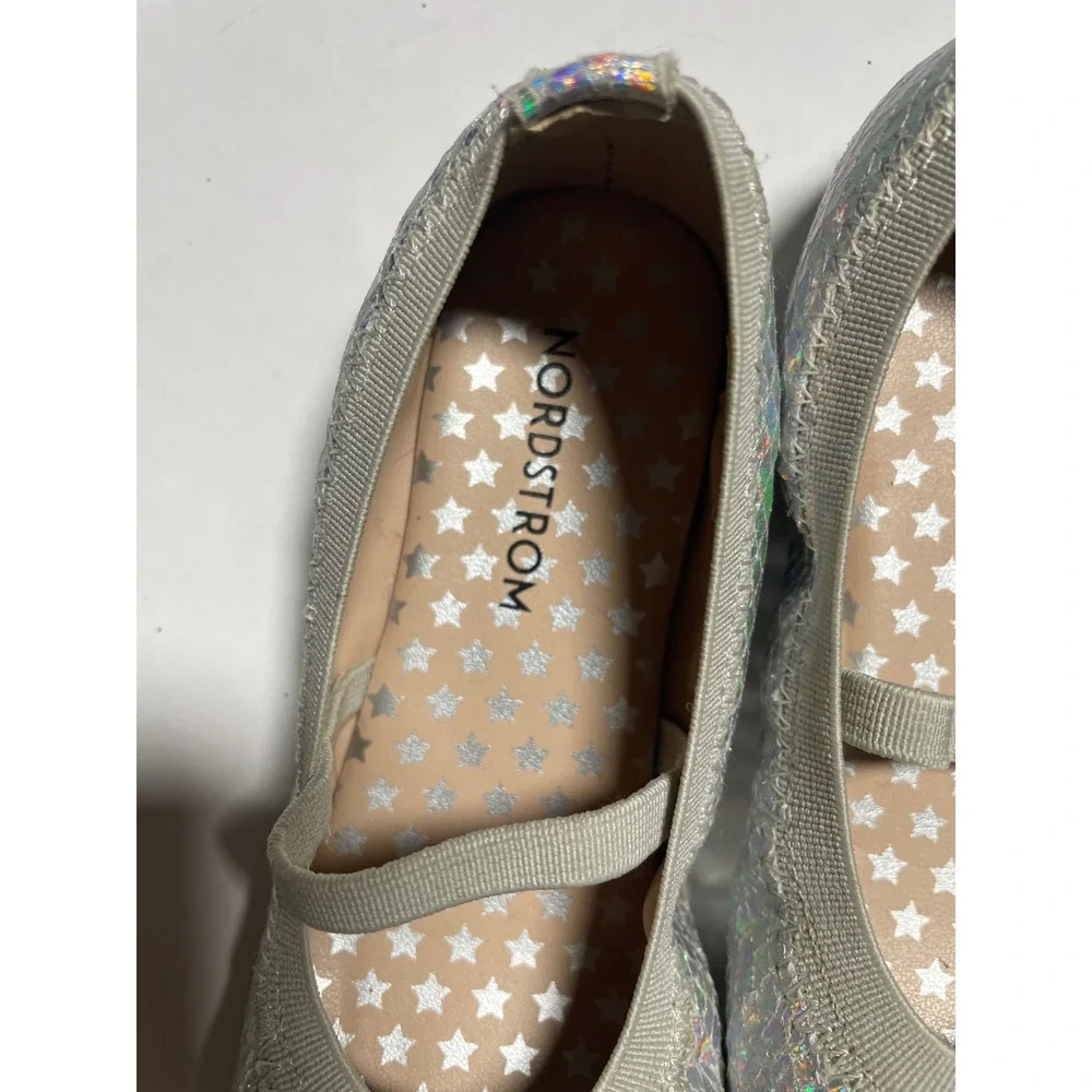 Nordstrom Ballet Flats Kids 10M Silver Holographic Bow Mary‎ Jane Sparkle Dress